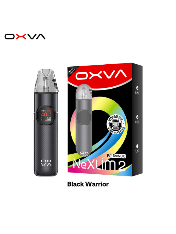 OXVA NeXLIM 2 Pod Kit Black warrior on a white background with box package