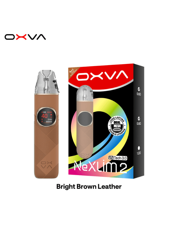 OXVA NeXLIM 2 Pod Kit Bright brown Leather on a white background with box package