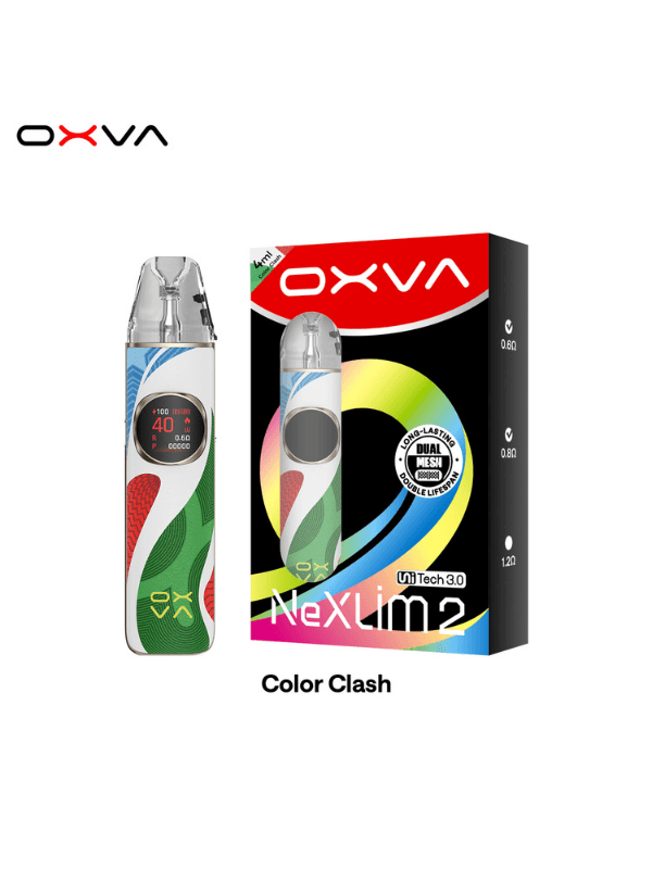 OXVA NeXLIM 2 Pod Kit clash colouron a white background with box package