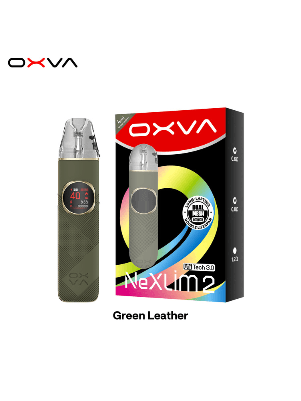 OXVA NeXLIM 2 Pod Kit green Leather on a white background with box package