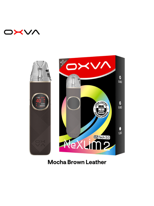 OXVA NeXLIM 2 Pod Kit mocha brown Leather on a white background with box package