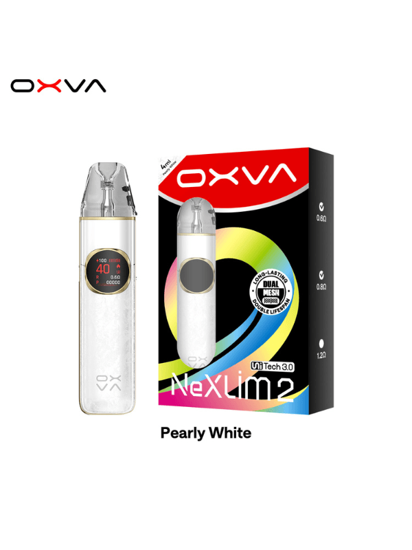 OXVA NeXLIM 2 Pod Kit pearl white on a white background with box package