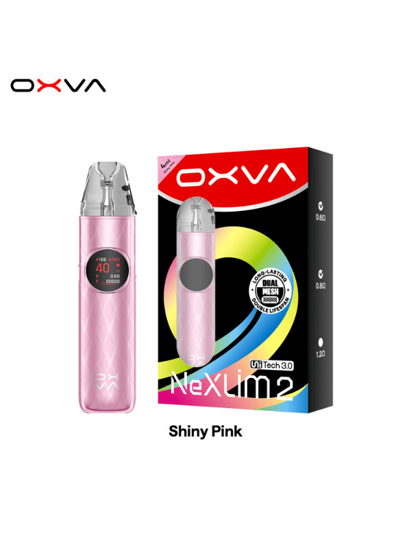 OXVA NeXLIM 2 Pod Kit shiny pink on a white background with box package