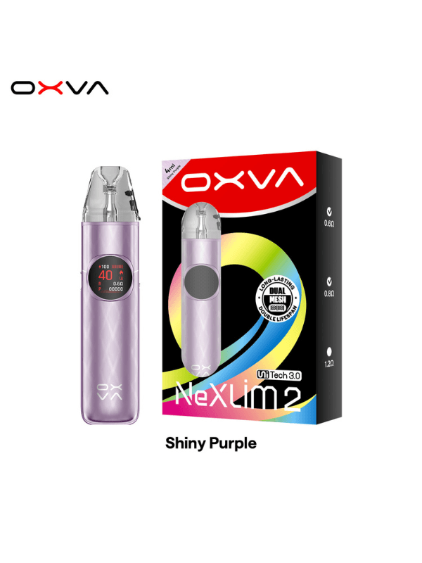OXVA NeXLIM 2 Pod Kit shiny purple on a white background with box package