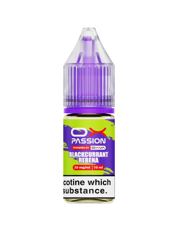 Blackcurrant Squash OX Passion Nic Salt E-Liquid by OXVA - 10ml bottle with purple cap on white background