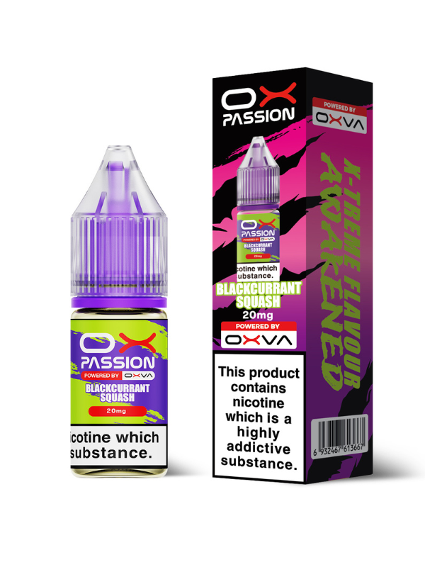 Blackcurrant Squash OX Passion Nic Salt E-Liquid by OXVA - 10ml bottle with purple cap white background and box pagaining