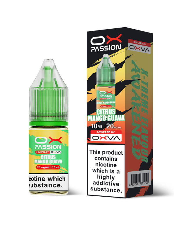Citrus Mango Guava OX Passion Nic Salt E-Liquid by OXVA - 10ml bottle & packaging with white background