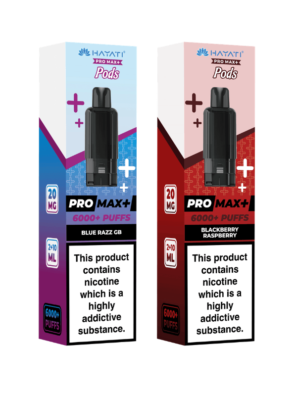 Two boxes of Hatari Pro Max+ Pods with different flavors on a white background