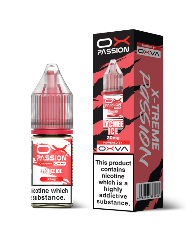 Lychee Ice OX Passion Nic Salt E-Liquid by OXVA - 10ml bottle and box packaging on white background
