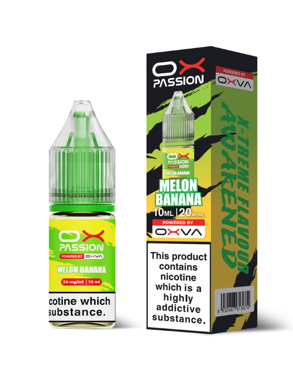 Melon Banana OX Passion Nic Salt E-Liquid by OXVA - 10ml bottle and package box with white background