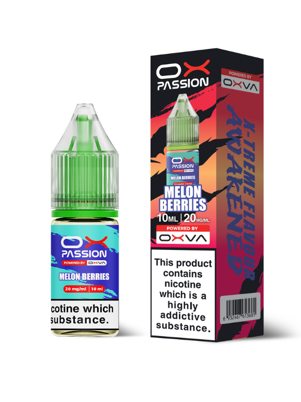 OXVA Passion Melon Berries vape juice bottle and packaging on a white background