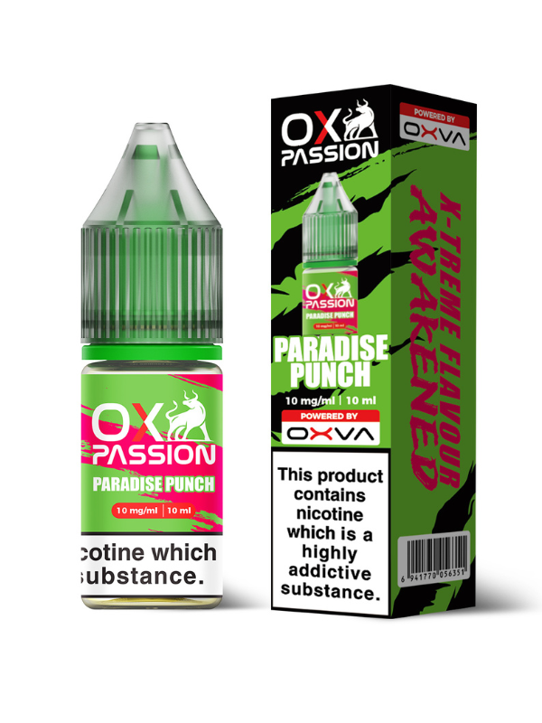 Paradise Punch OX Passion Nic Salt E-Liquid by OXVA - 10ml bottle and package on white background