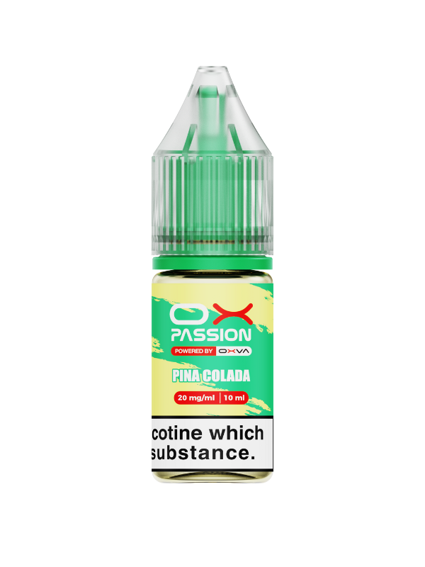 Green bottle of OX Passion Pina Colada e-liquid on a white background