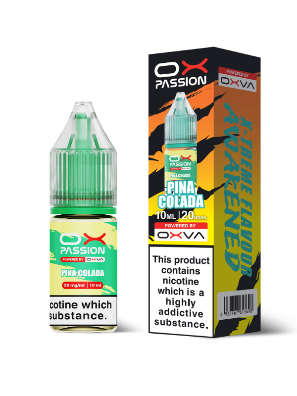 OX Passion Pina Colada vape juice bottle and packaging on a white background
