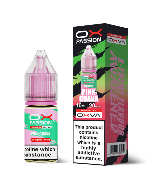 OX Passion Pink Guava vape juice bottle and packaging on a white background