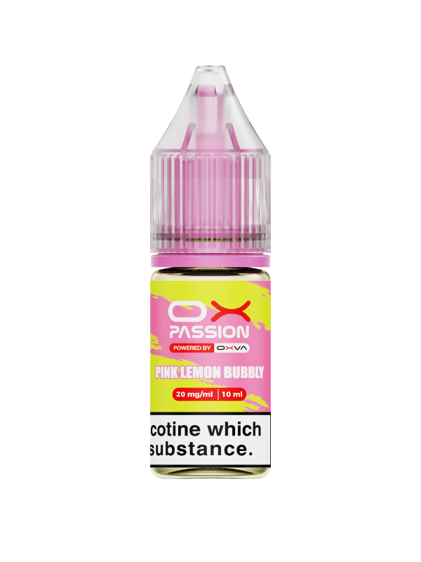 Pink lemon bubblegum vape juice bottle with OX Passion label on a white background