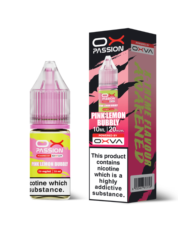 OX Passion Pink Lemon Bubbly vape juice bottle and packaging on a white background