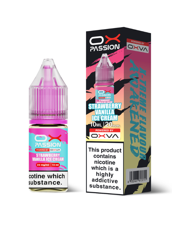 Strawberry Vanilla Ice Cream OX Passion Nic Salt E-Liquid by OXVA - 10mlwith white background and packaging