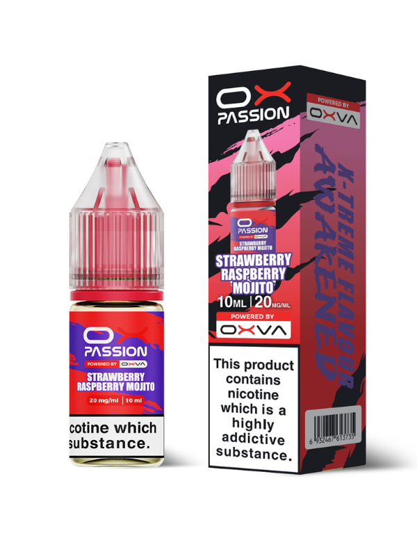 Strawberry Raspberry Mojito OX Passion Nic Salt E-Liquid by OXVA - with bottle and package on white background