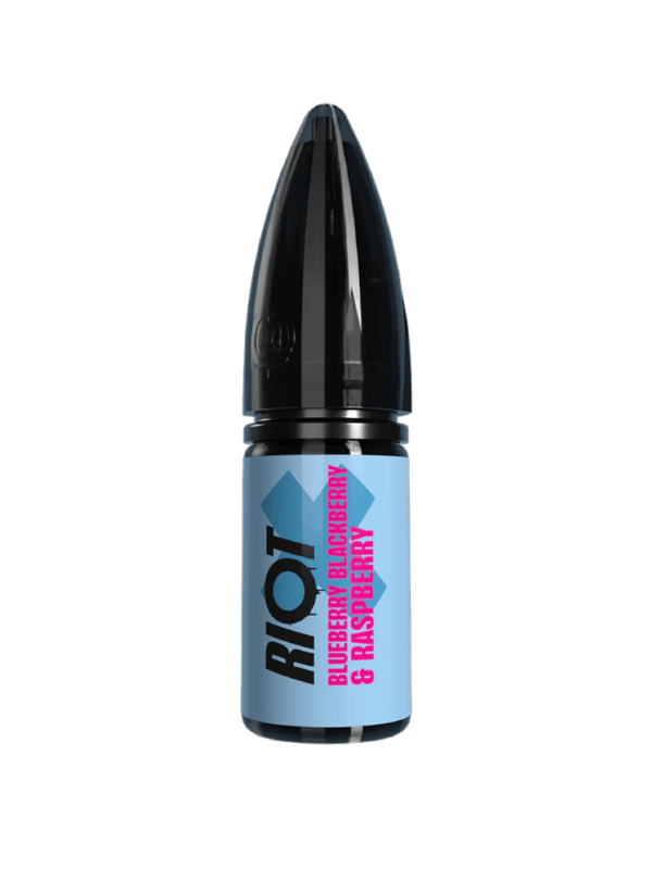 rIOT x bLUEBERRY bLACKBERRY rASPBERRY nIC sALT e-LIQUID ON WHITE BACKGROUND