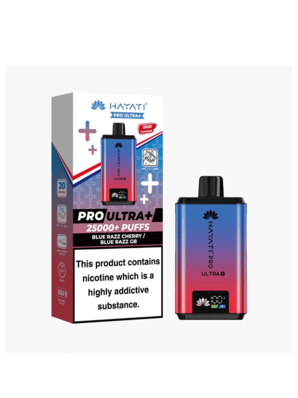 blue razz cherry/ blue razz gb duo 
HATATI Pro Ultra+ vape device and packaging on a white background