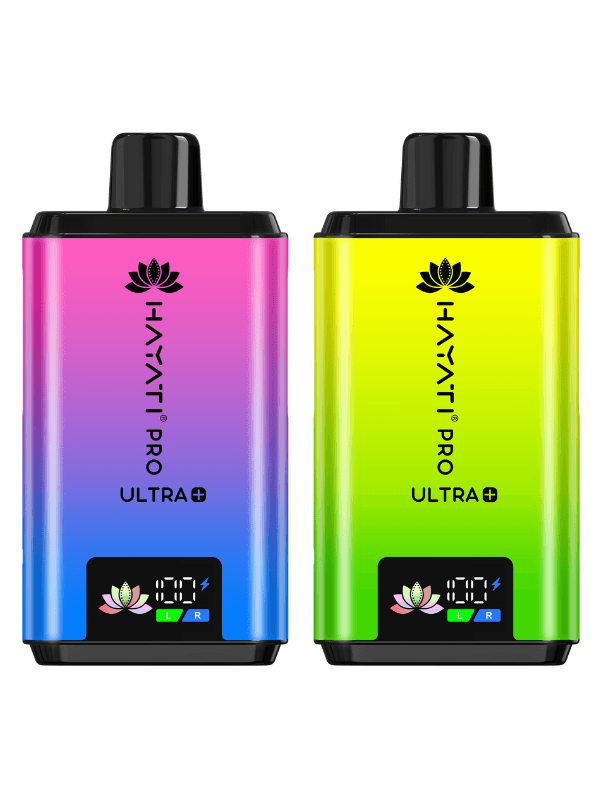 Two colorful vape devices with 'Hayati Pro Ultra Plus 25000 Puffs Prefilled Pod Kit' branding on a white background.