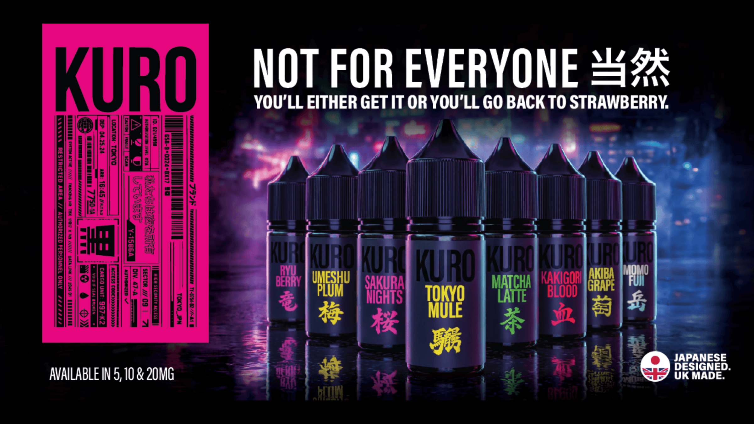 The KURO Riot Rangle 8 Black bottles on a black background desktop version