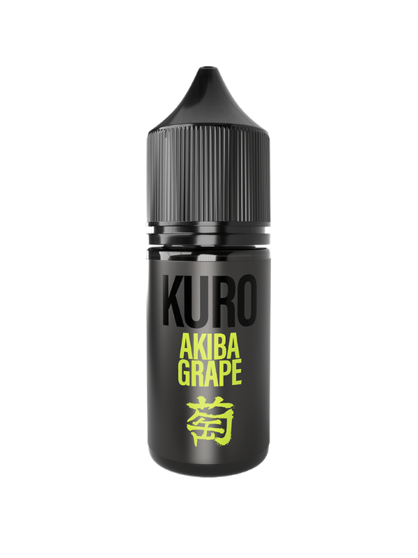 a 10ml black bottle of Akiba Grape KURO Riot Nic Salt E-Liquid on a white background