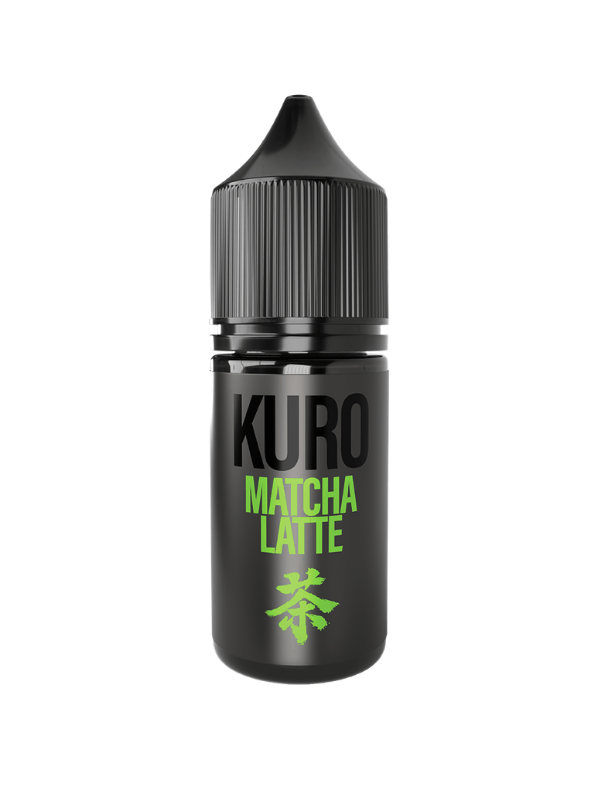 A single black 10ml bottle Matcha Latte KURO Riot Nic Salt E-Liquid on a white background