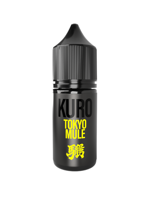 A Single Black 10ml bottle Tokyo Mule KURO Riot Nic Salt E-Liquid on a white background