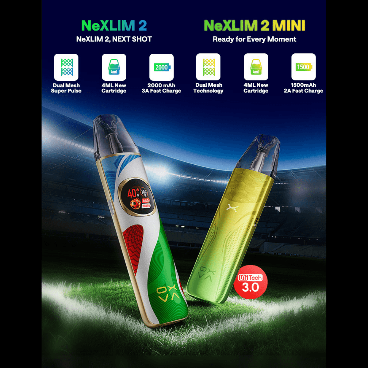 Two disposable vape devices, labeled NeXLIM 2 and NeXLIM 2 MINI, displayed against a dark stadium background with feature icons above them. The left device is white, blue, and green with a red accent, and the right device is metallic gold and green.