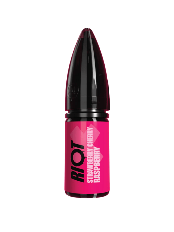 A single pink 10ml bottle Strawberry Cherry Raspberry Riot Nic Salt E-Liquid on a white background