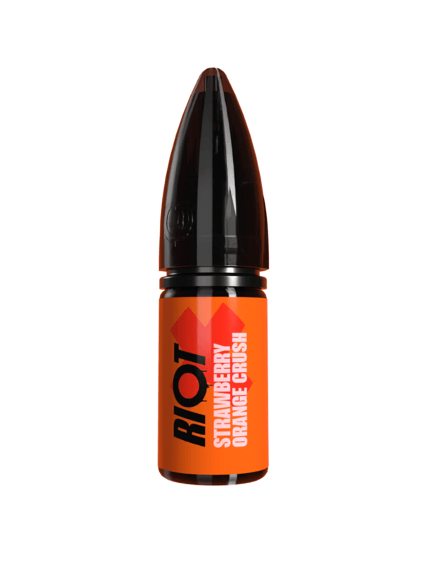 A single bottle of RIOT Strawberry Orange Crush e-liquid on a plain white background. The bottle has a glossy black cap and a bright orange label with bold black and white text.